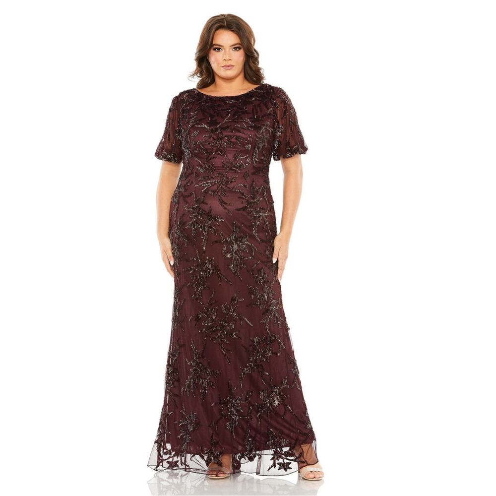 Mac Duggal Fabulouss 5941 Embellished Puff Sleeve Sequin Beaded Column Burgundy